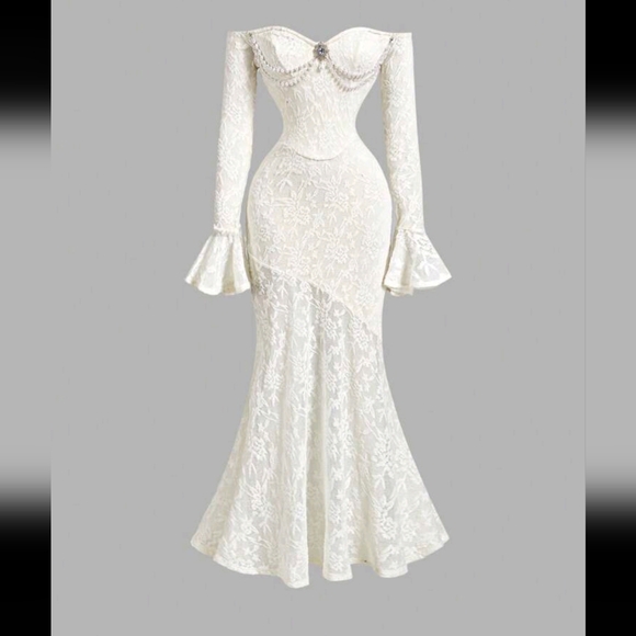 Dresses & Skirts - Women Apricot Knitted Lace Flared Sleeve Pearl Chain Halter Fishtail Dress